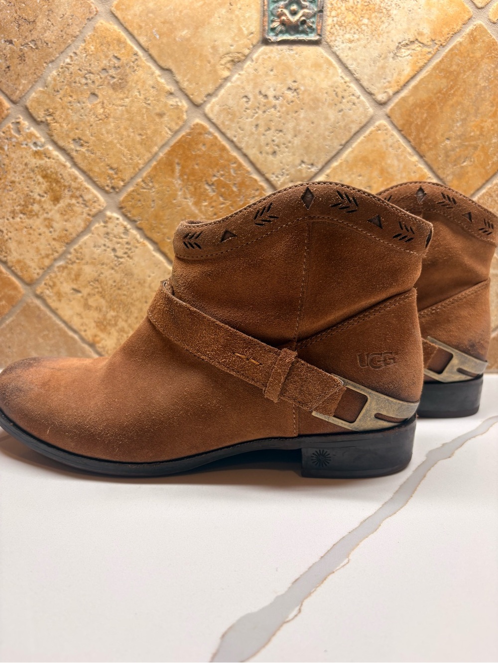 UGG Women's Chestnut Suede Ankle Booties with Strap Detail